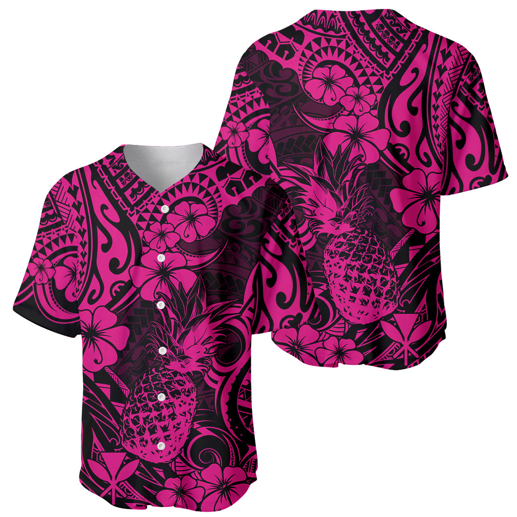 Hawaii Pineapple Baseball Jersey Paradise Flowers Pacific With Pink Polynesian Tribal - Wonder Print Shop