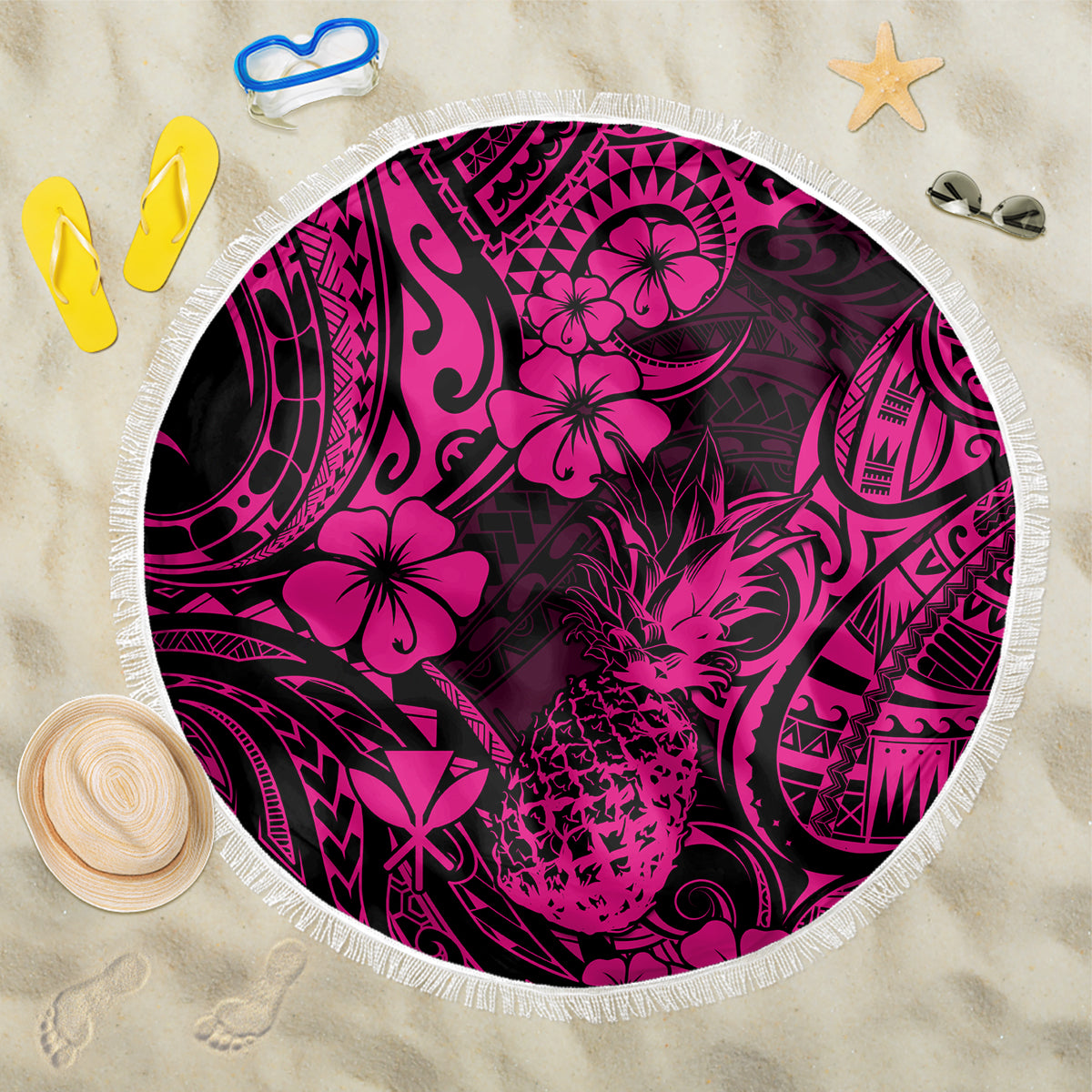 Hawaii Pineapple Beach Blanket Paradise Flowers Pacific With Pink Polynesian Tribal - Wonder Print Shop