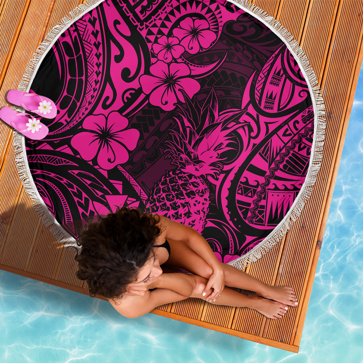 Hawaii Pineapple Beach Blanket Paradise Flowers Pacific With Pink Polynesian Tribal - Wonder Print Shop