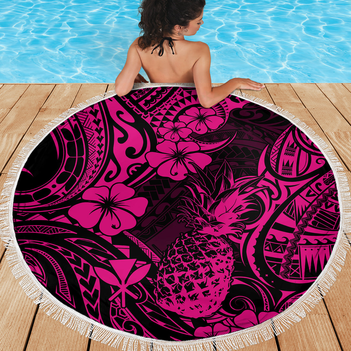 Hawaii Pineapple Beach Blanket Paradise Flowers Pacific With Pink Polynesian Tribal - Wonder Print Shop
