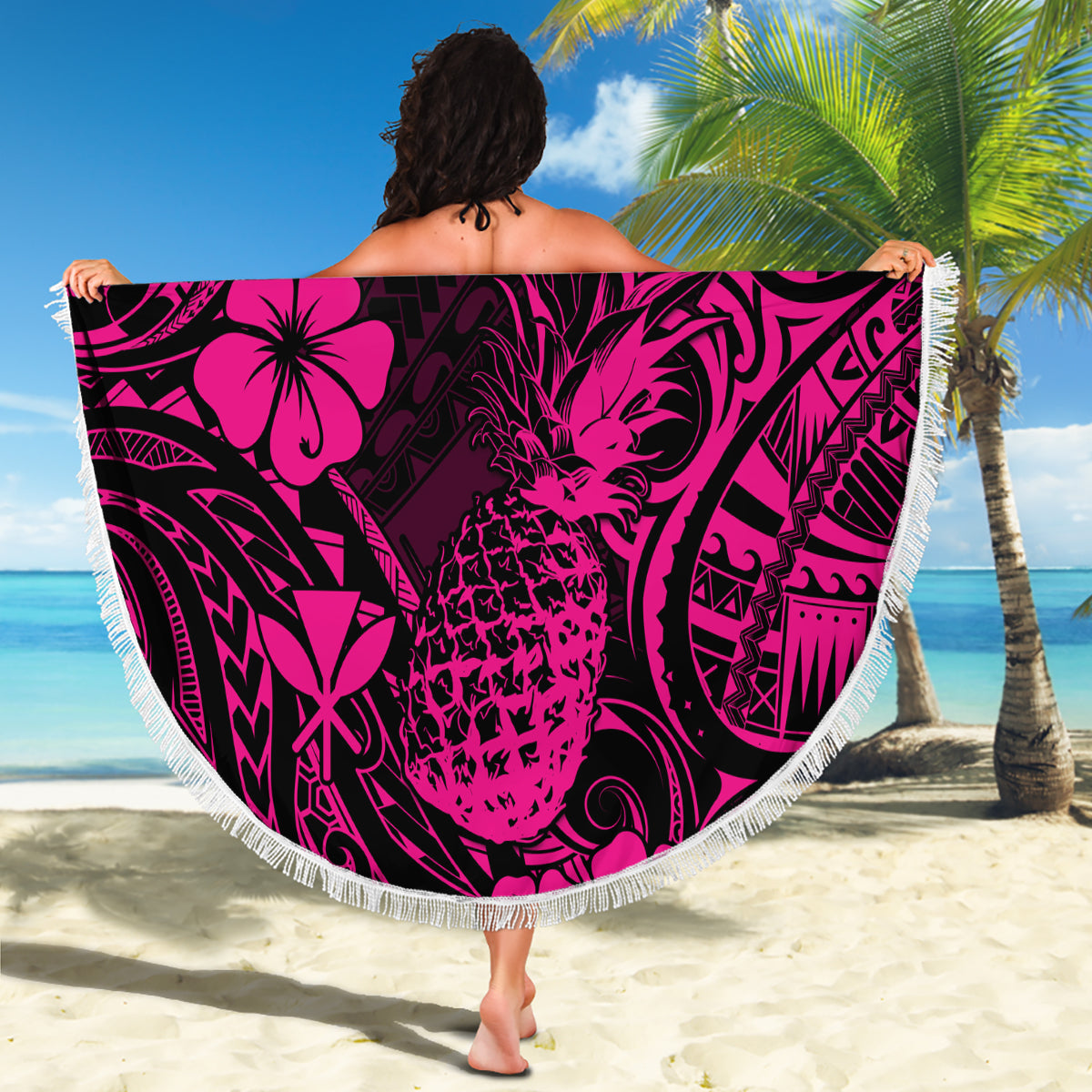 Hawaii Pineapple Beach Blanket Paradise Flowers Pacific With Pink Polynesian Tribal - Wonder Print Shop