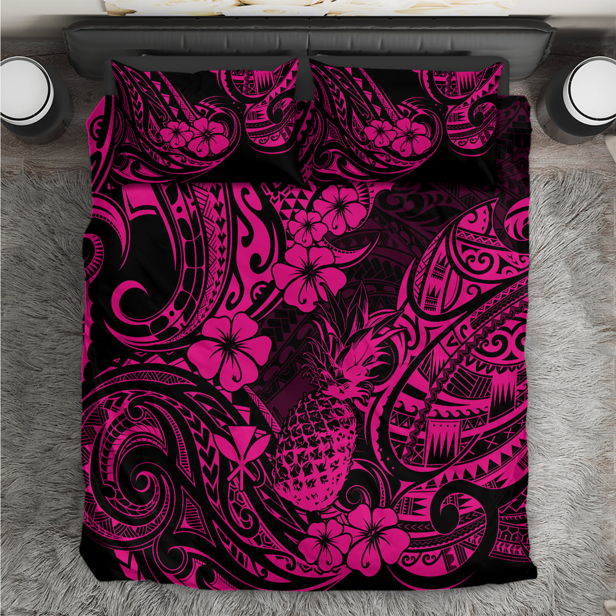 Hawaii Pineapple Bedding Set Paradise Flowers Pacific With Pink Polynesian Tribal - Wonder Print Shop