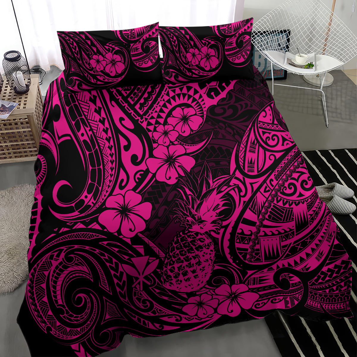 Hawaii Pineapple Bedding Set Paradise Flowers Pacific With Pink Polynesian Tribal - Wonder Print Shop