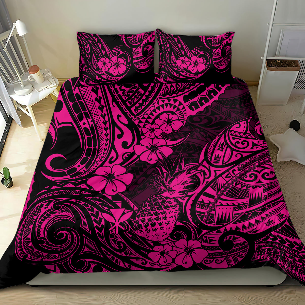 Hawaii Pineapple Bedding Set Paradise Flowers Pacific With Pink Polynesian Tribal - Wonder Print Shop