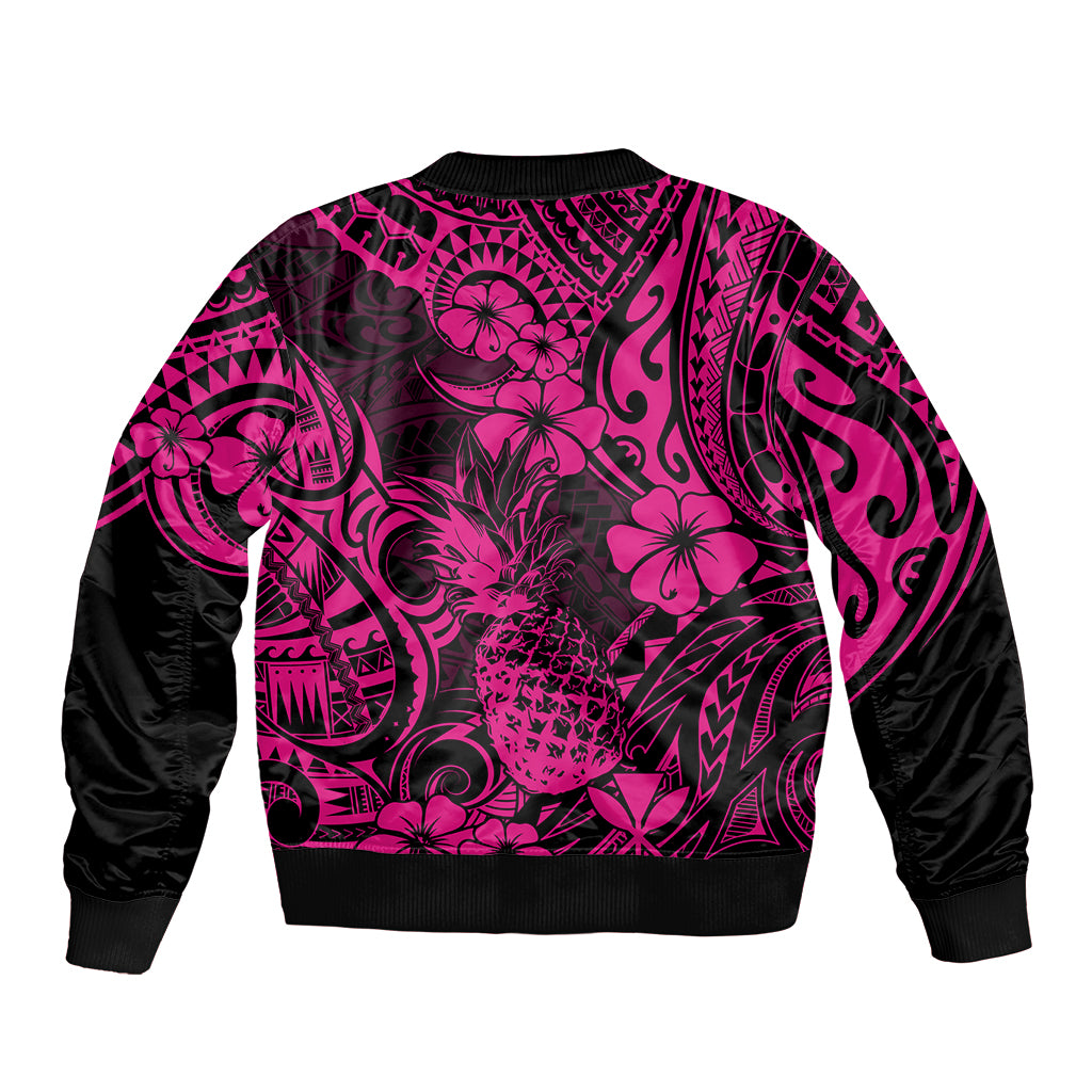 Hawaii Pineapple Bomber Jacket Paradise Flowers Pacific With Pink Polynesian Tribal - Wonder Print Shop