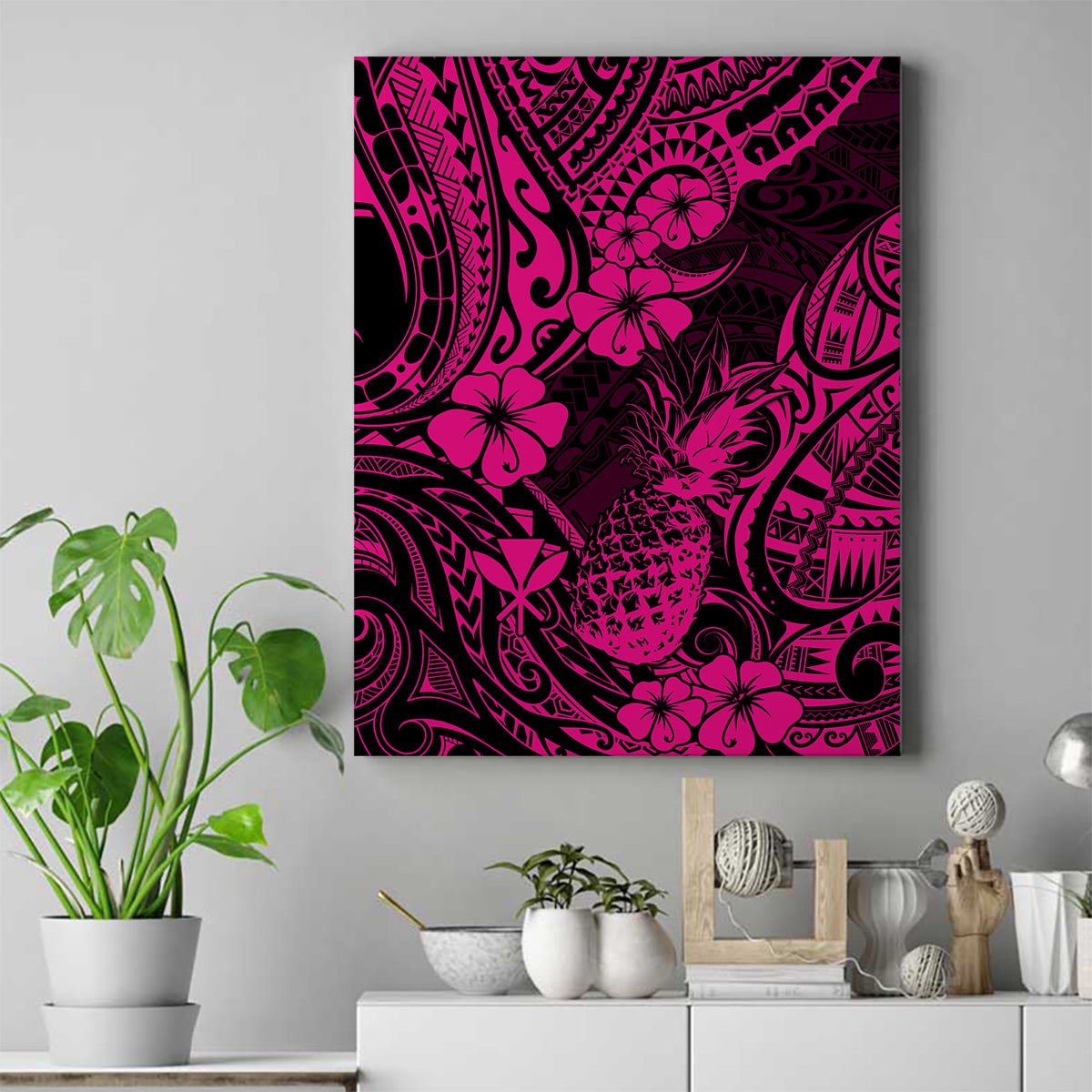 Hawaii Pineapple Canvas Wall Art Paradise Flowers Pacific With Pink Polynesian Tribal - Wonder Print Shop