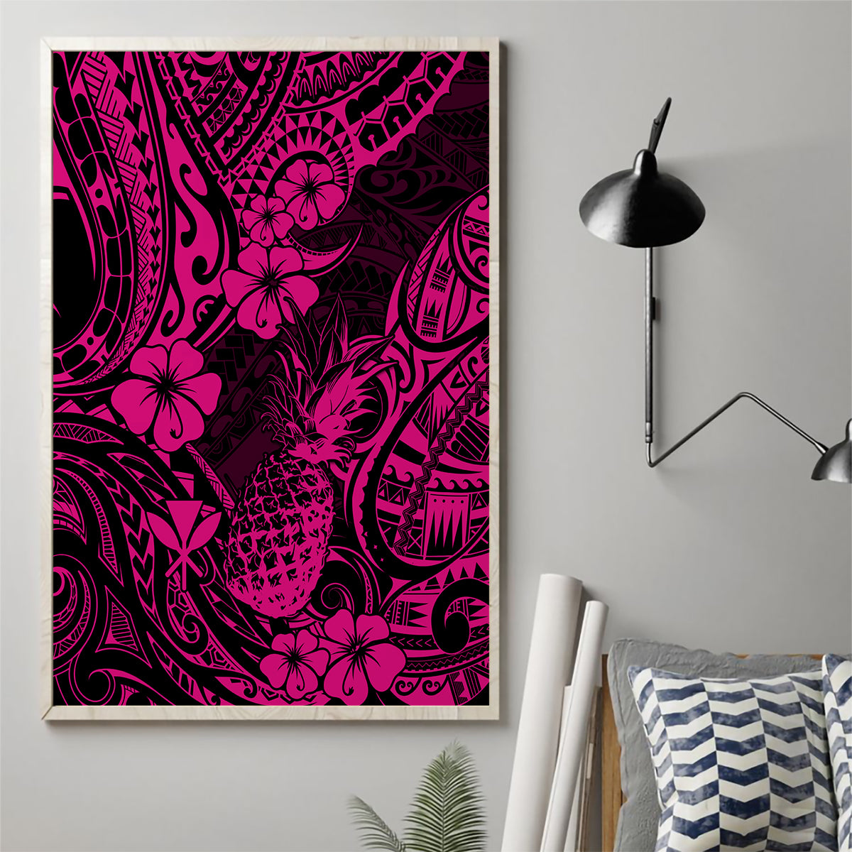 Hawaii Pineapple Canvas Wall Art Paradise Flowers Pacific With Pink Polynesian Tribal - Wonder Print Shop