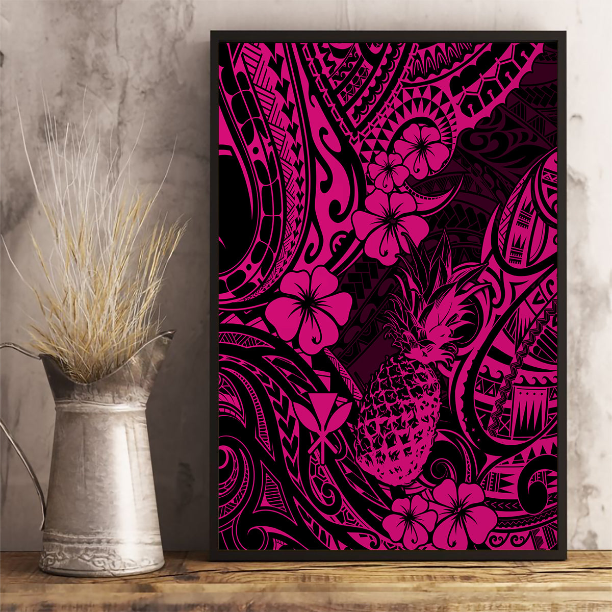Hawaii Pineapple Canvas Wall Art Paradise Flowers Pacific With Pink Polynesian Tribal - Wonder Print Shop