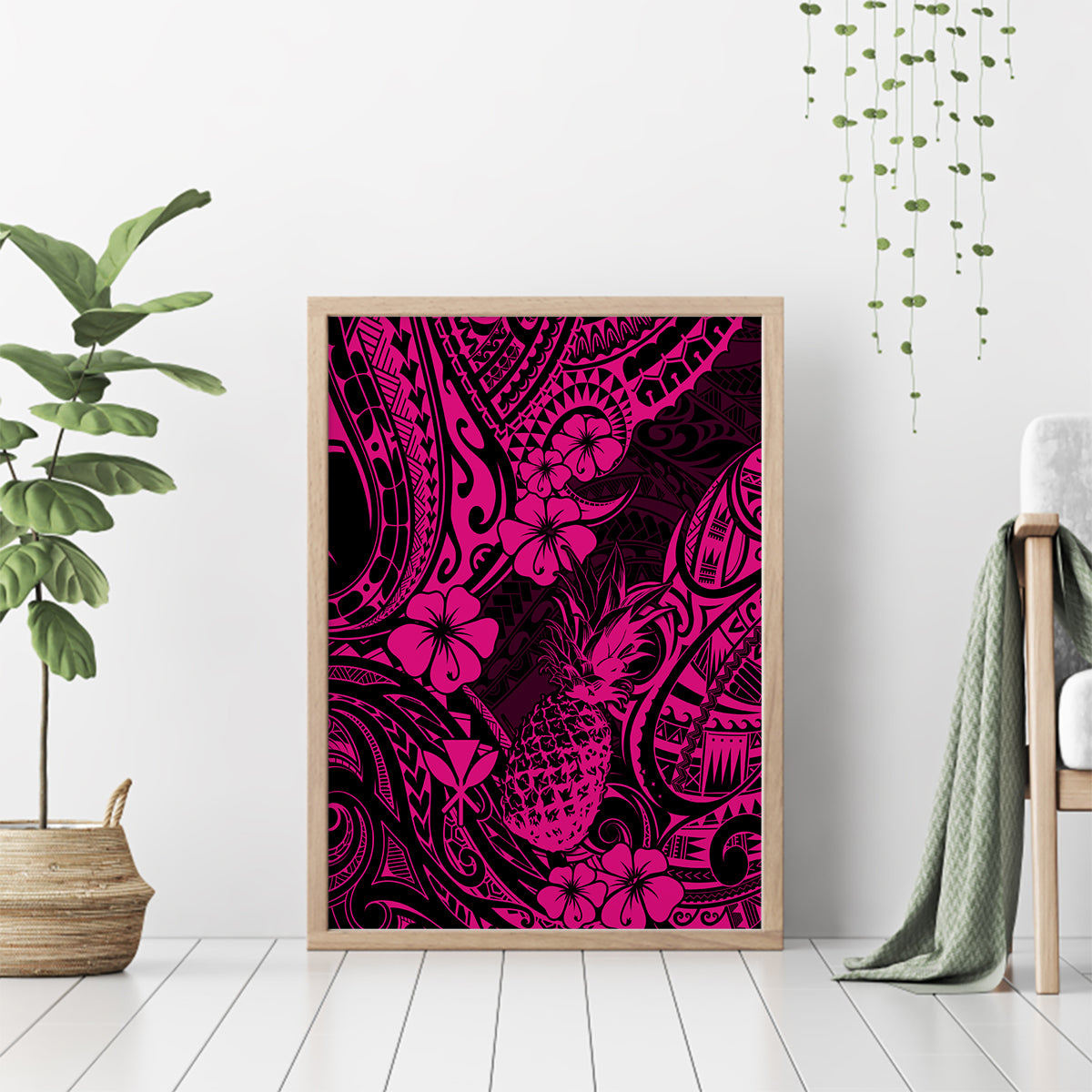 Hawaii Pineapple Canvas Wall Art Paradise Flowers Pacific With Pink Polynesian Tribal - Wonder Print Shop