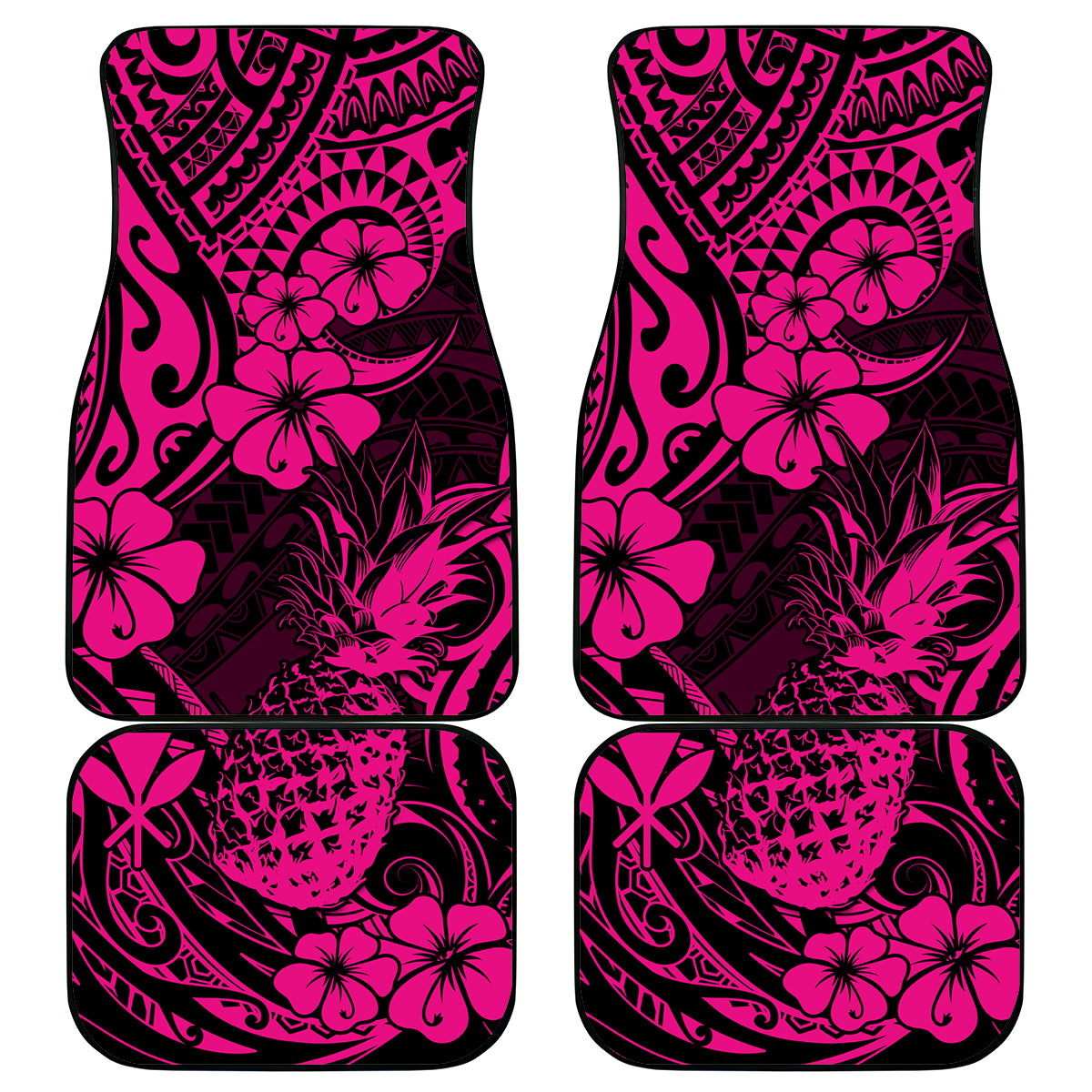 Hawaii Pineapple Car Mats Paradise Flowers Pacific With Pink Polynesian Tribal - Wonder Print Shop