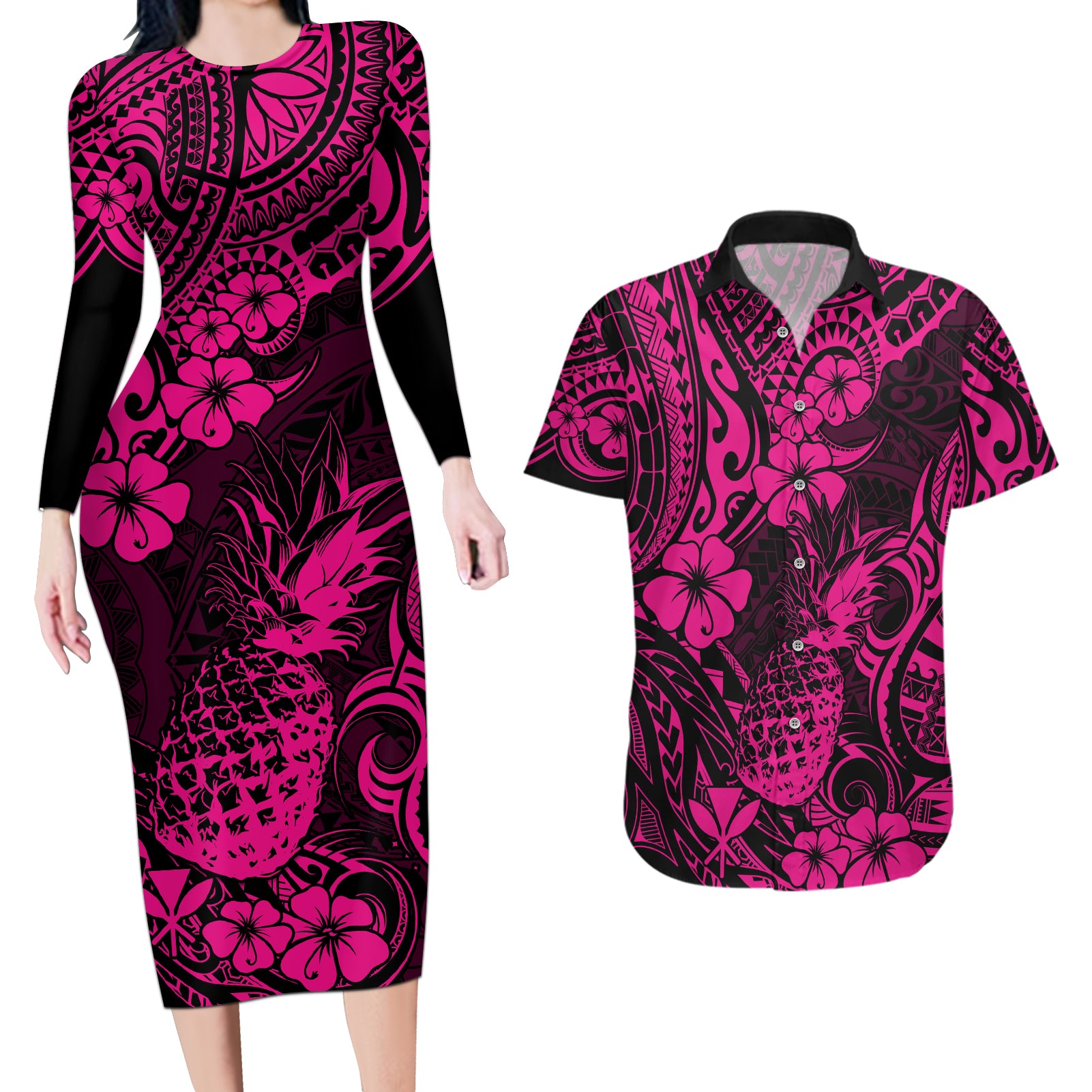 Hawaii Pineapple Couples Matching Long Sleeve Bodycon Dress and Hawaiian Shirt Paradise Flowers Pacific With Pink Polynesian Tribal - Wonder Print Shop