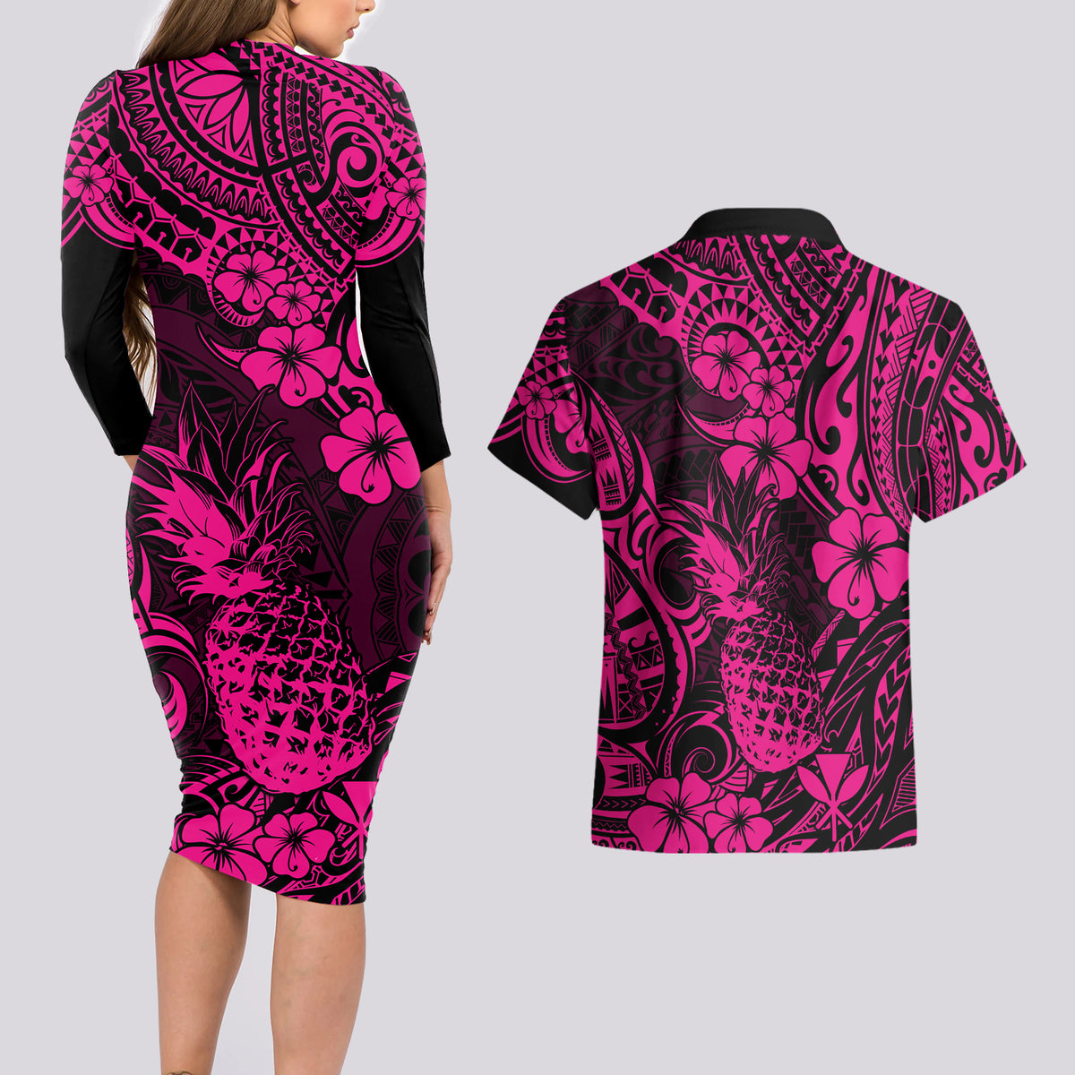 Hawaii Pineapple Couples Matching Long Sleeve Bodycon Dress and Hawaiian Shirt Paradise Flowers Pacific With Pink Polynesian Tribal - Wonder Print Shop