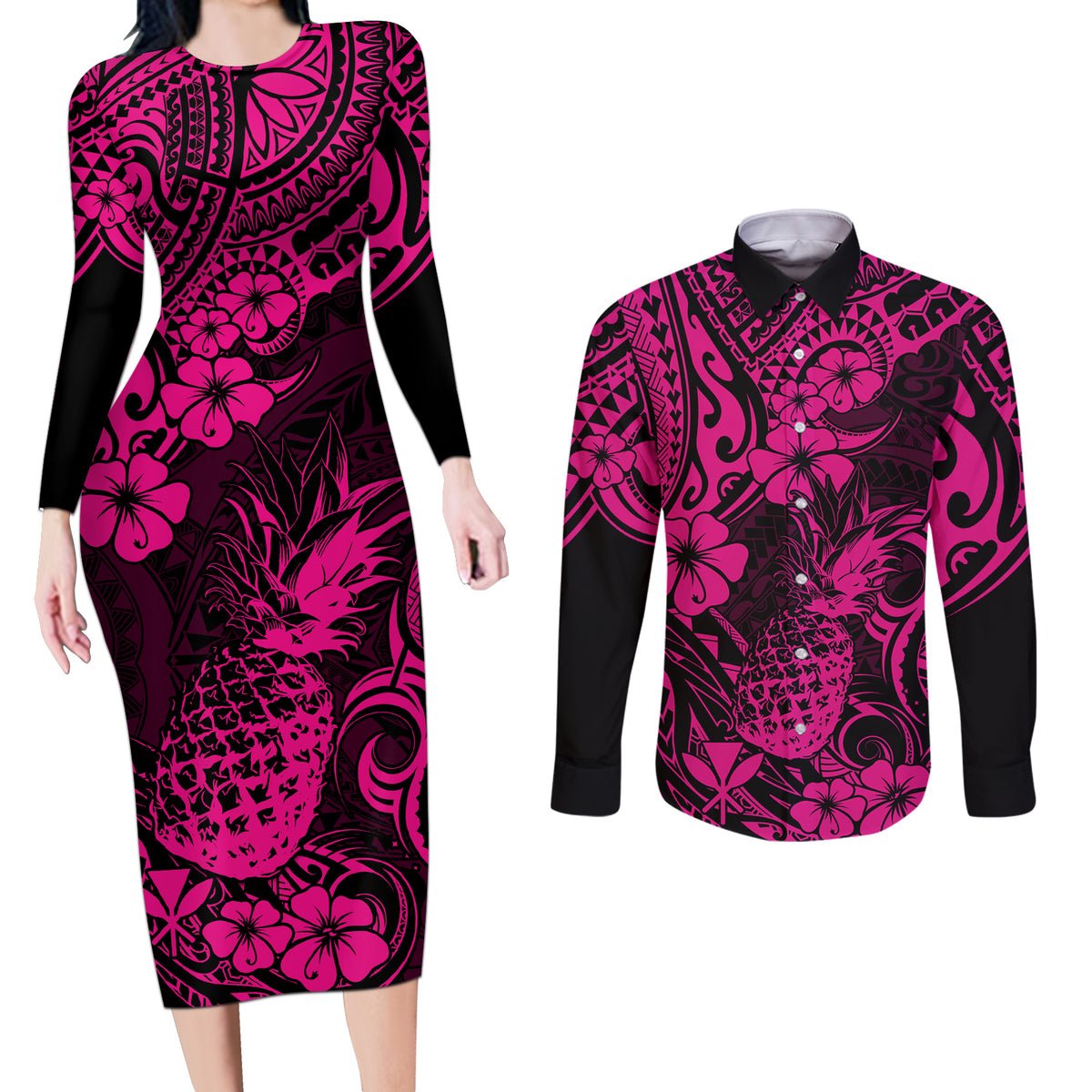 Hawaii Pineapple Couples Matching Long Sleeve Bodycon Dress and Long Sleeve Button Shirts Paradise Flowers Pacific With Pink Polynesian Tribal - Wonder Print Shop