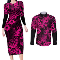 Hawaii Pineapple Couples Matching Long Sleeve Bodycon Dress and Long Sleeve Button Shirts Paradise Flowers Pacific With Pink Polynesian Tribal - Wonder Print Shop