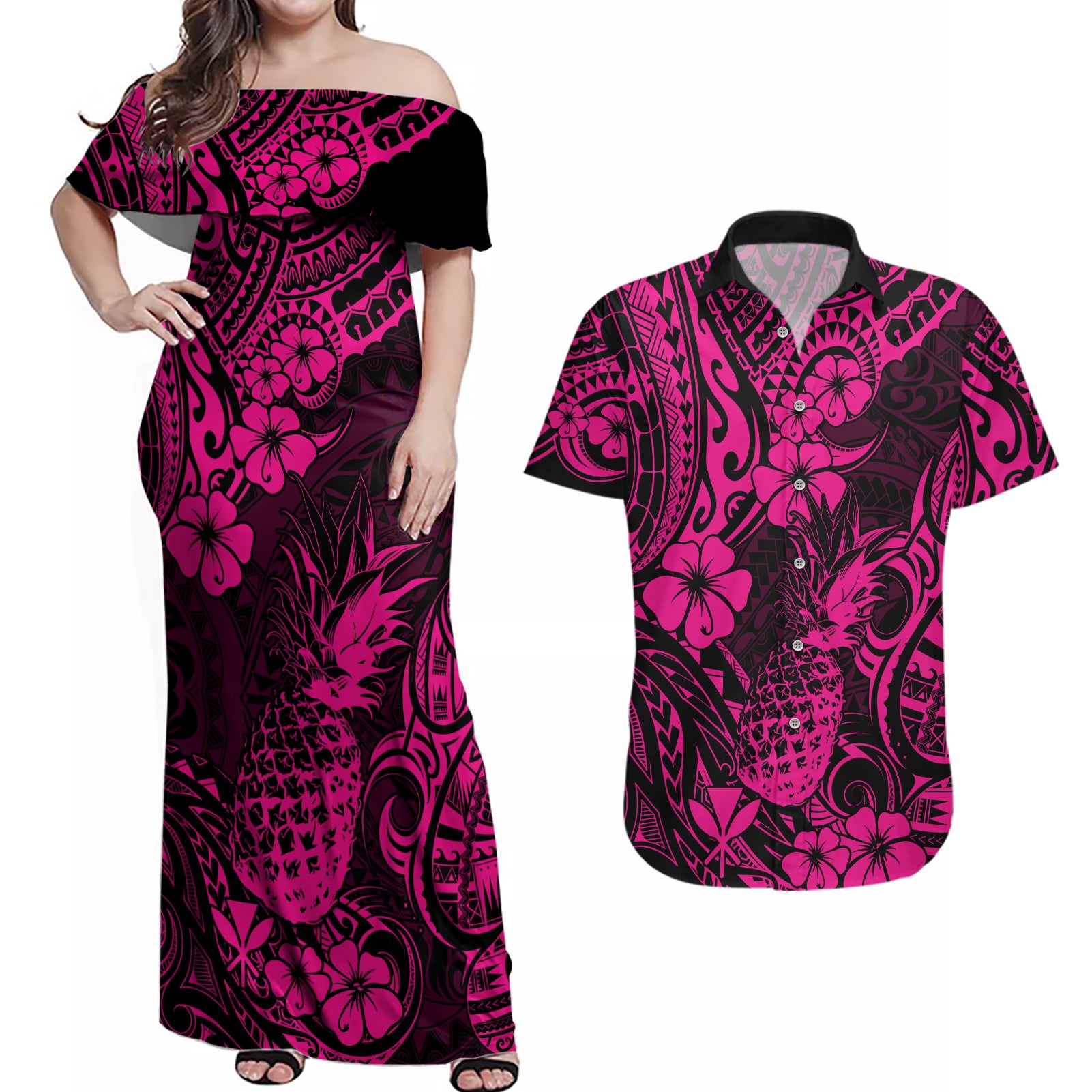 Hawaii Pineapple Couples Matching Off Shoulder Maxi Dress and Hawaiian Shirt Paradise Flowers Pacific With Pink Polynesian Tribal - Wonder Print Shop