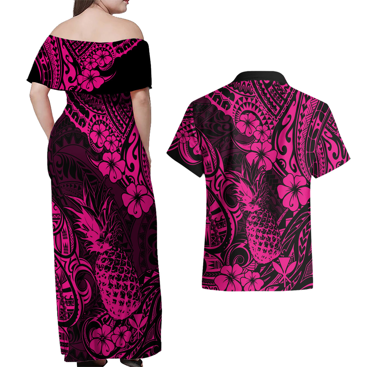 Hawaii Pineapple Couples Matching Off Shoulder Maxi Dress and Hawaiian Shirt Paradise Flowers Pacific With Pink Polynesian Tribal - Wonder Print Shop