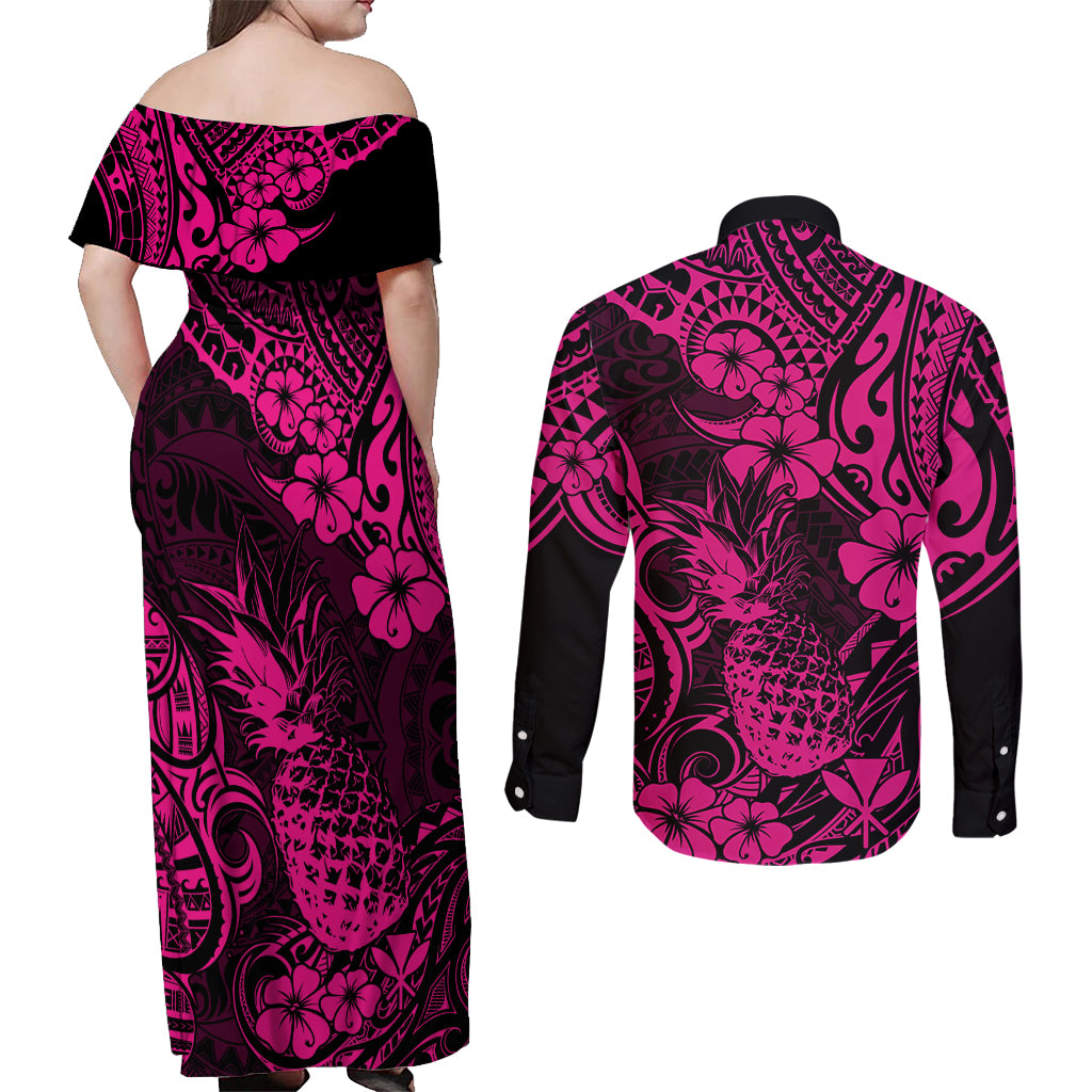 Hawaii Pineapple Couples Matching Off Shoulder Maxi Dress and Long Sleeve Button Shirts Paradise Flowers Pacific With Pink Polynesian Tribal - Wonder Print Shop