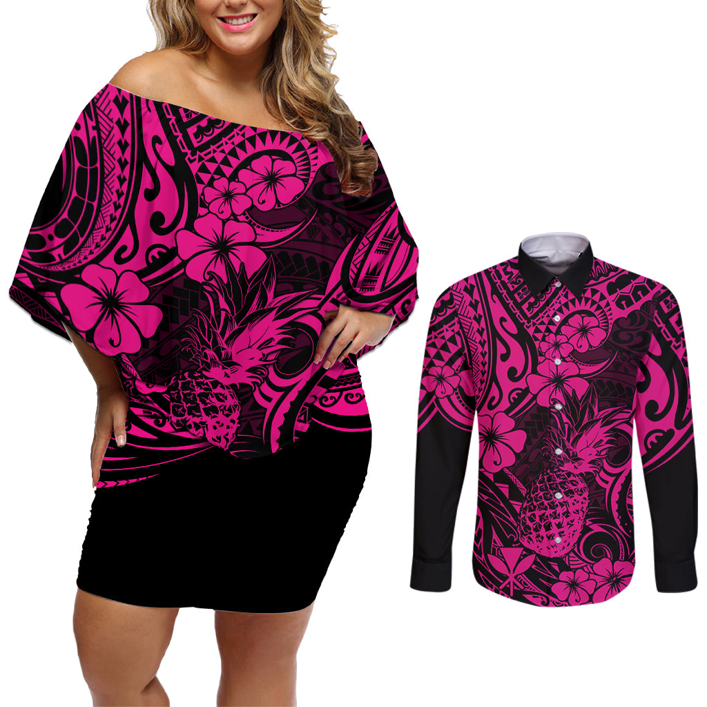 Hawaii Pineapple Couples Matching Off Shoulder Short Dress and Long Sleeve Button Shirts Paradise Flowers Pacific With Pink Polynesian Tribal - Wonder Print Shop