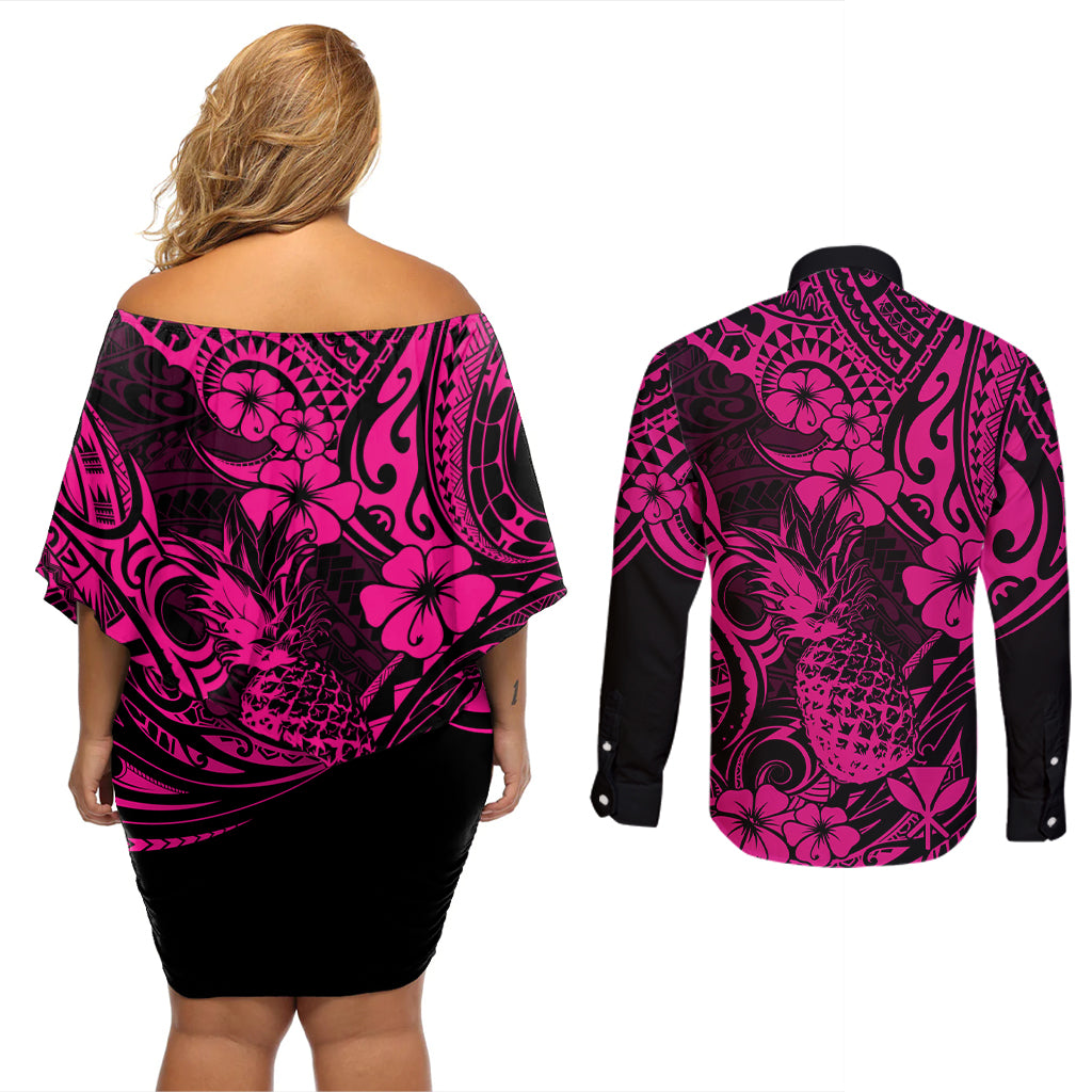 Hawaii Pineapple Couples Matching Off Shoulder Short Dress and Long Sleeve Button Shirts Paradise Flowers Pacific With Pink Polynesian Tribal - Wonder Print Shop