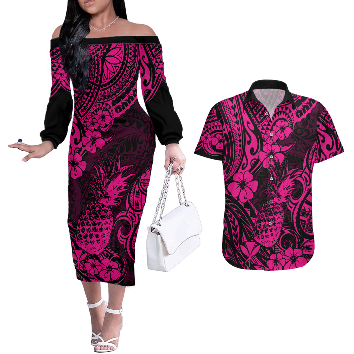 Hawaii Pineapple Couples Matching Off The Shoulder Long Sleeve Dress and Hawaiian Shirt Paradise Flowers Pacific With Pink Polynesian Tribal - Wonder Print Shop