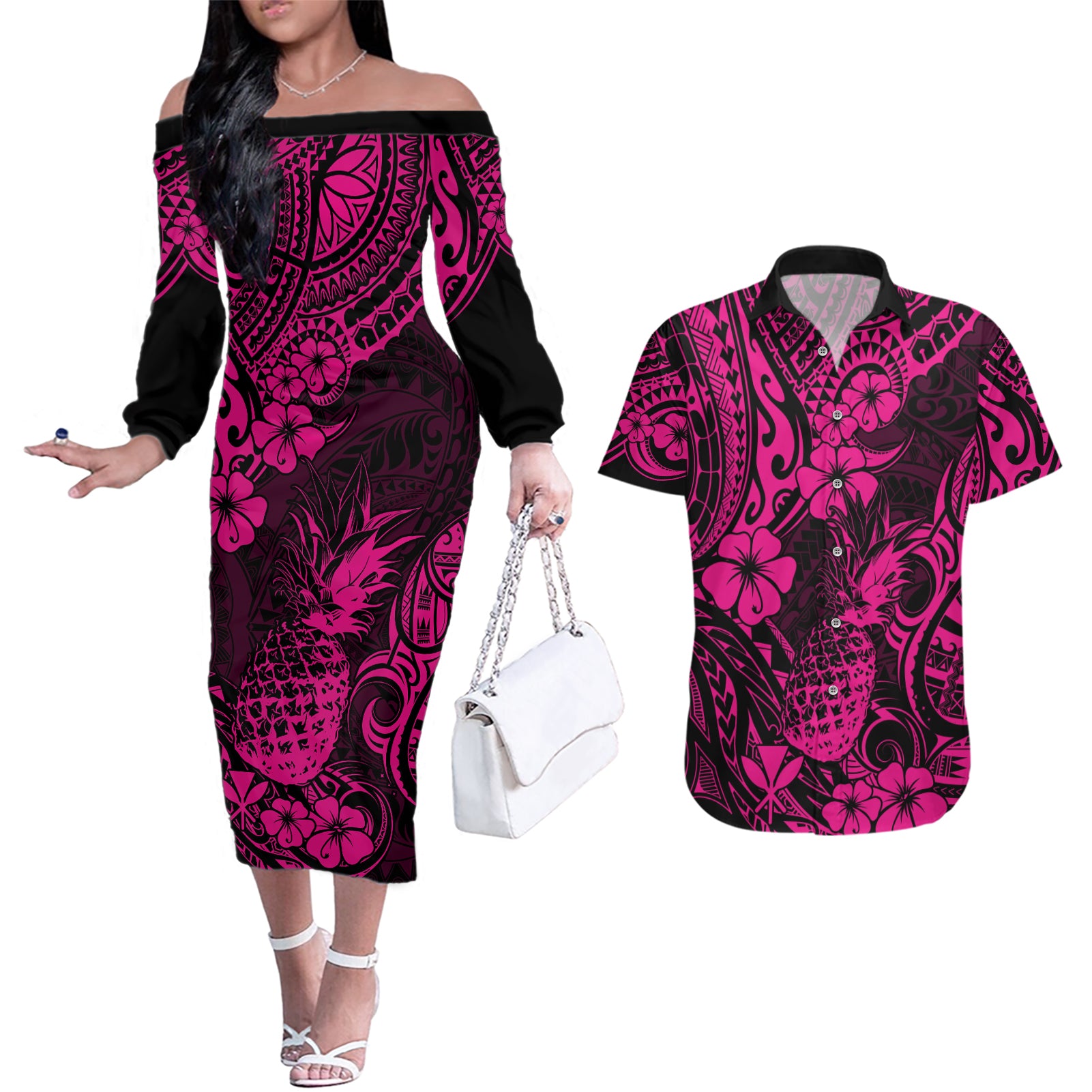 Hawaii Pineapple Couples Matching Off The Shoulder Long Sleeve Dress and Hawaiian Shirt Paradise Flowers Pacific With Pink Polynesian Tribal - Wonder Print Shop