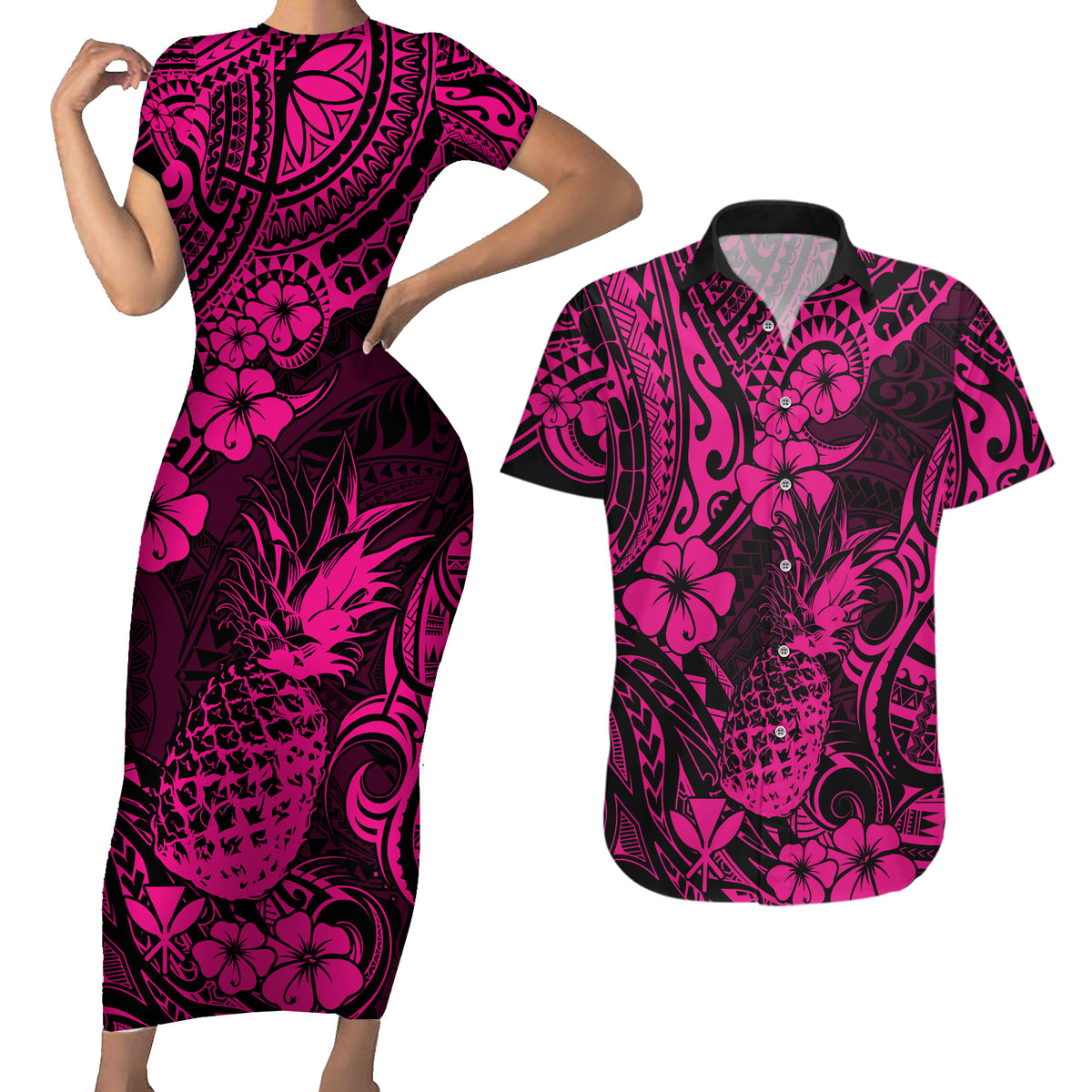 Hawaii Pineapple Couples Matching Short Sleeve Bodycon Dress and Hawaiian Shirt Paradise Flowers Pacific With Pink Polynesian Tribal - Wonder Print Shop
