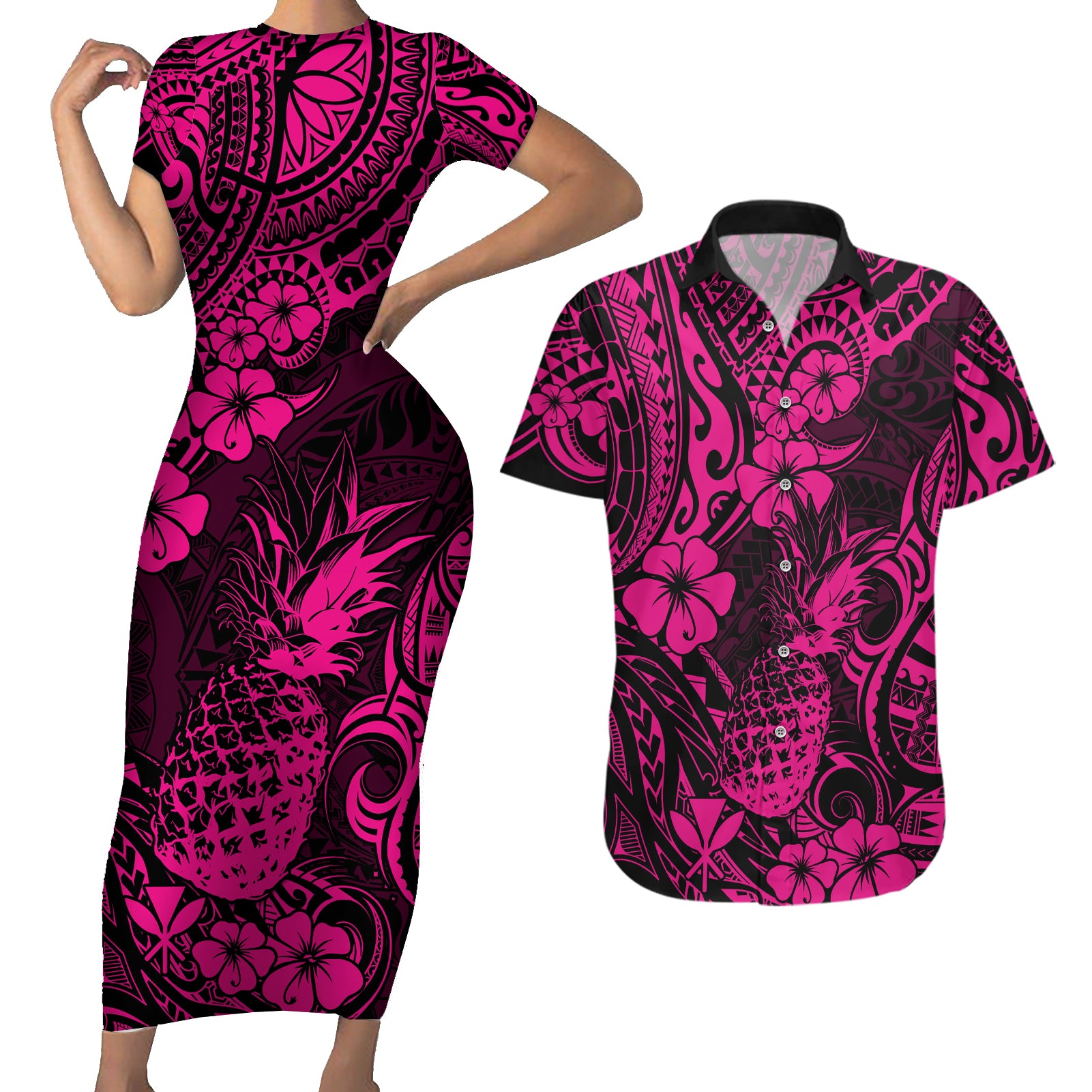 Hawaii Pineapple Couples Matching Short Sleeve Bodycon Dress and Hawaiian Shirt Paradise Flowers Pacific With Pink Polynesian Tribal - Wonder Print Shop