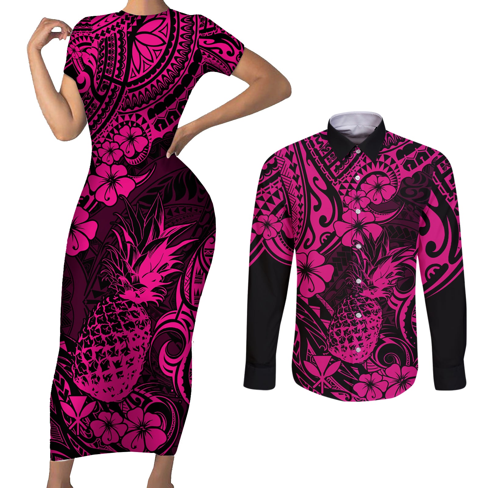 Hawaii Pineapple Couples Matching Short Sleeve Bodycon Dress and Long Sleeve Button Shirts Paradise Flowers Pacific With Pink Polynesian Tribal - Wonder Print Shop