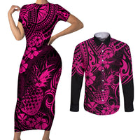 Hawaii Pineapple Couples Matching Short Sleeve Bodycon Dress and Long Sleeve Button Shirts Paradise Flowers Pacific With Pink Polynesian Tribal - Wonder Print Shop