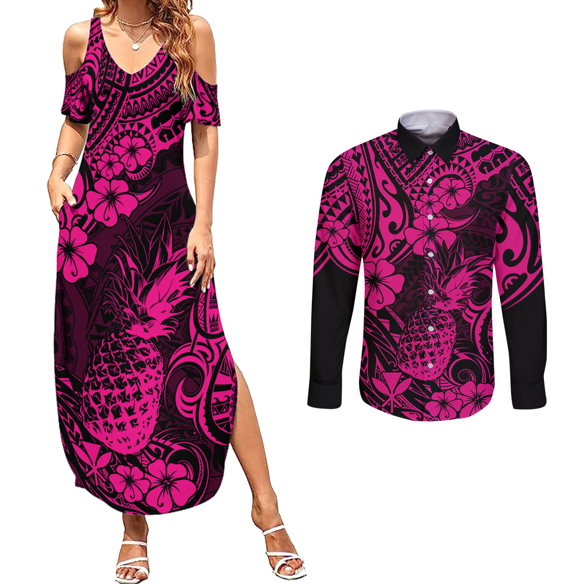 Hawaii Pineapple Couples Matching Summer Maxi Dress and Long Sleeve Button Shirts Paradise Flowers Pacific With Pink Polynesian Tribal - Wonder Print Shop