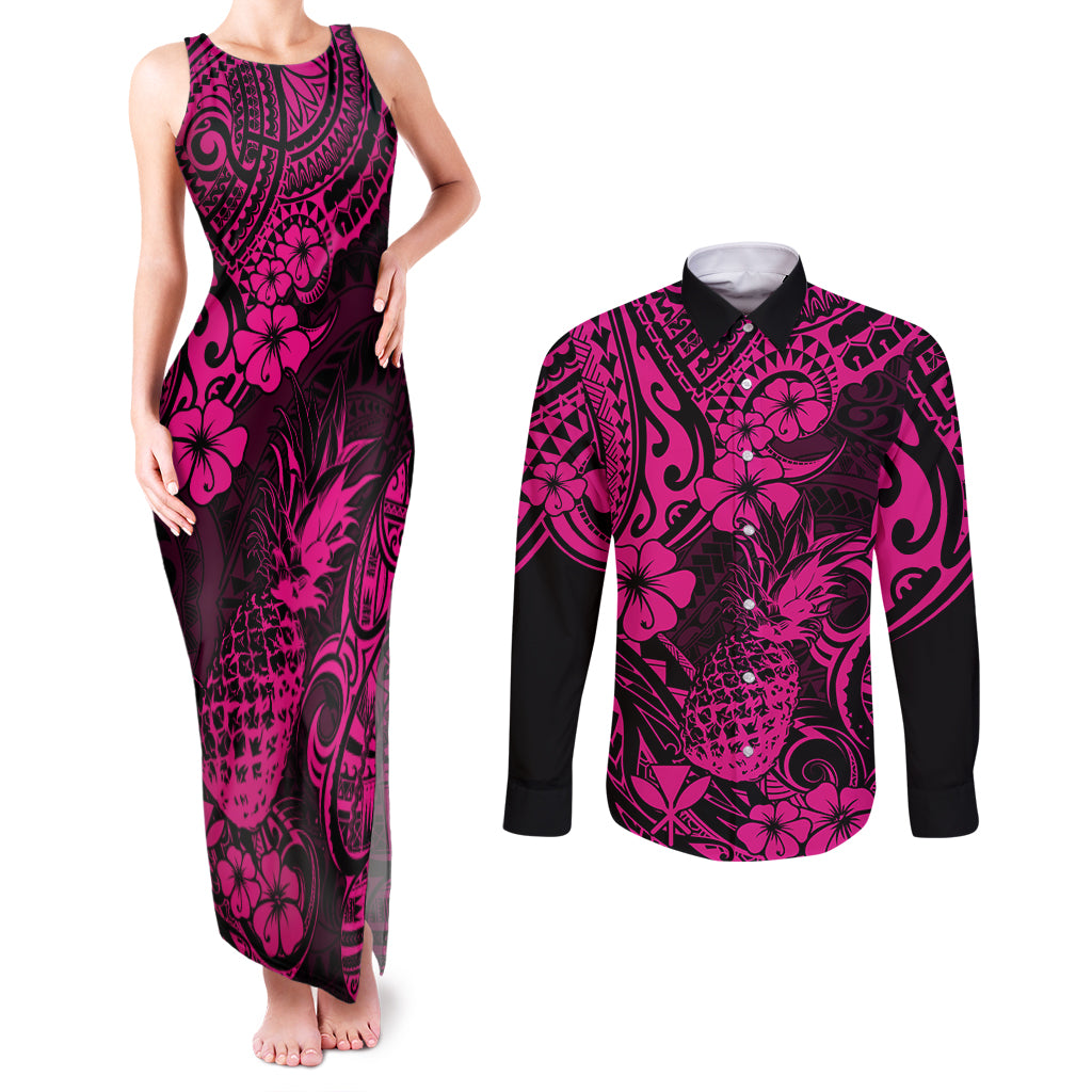 Hawaii Pineapple Couples Matching Tank Maxi Dress and Long Sleeve Button Shirts Paradise Flowers Pacific With Pink Polynesian Tribal - Wonder Print Shop