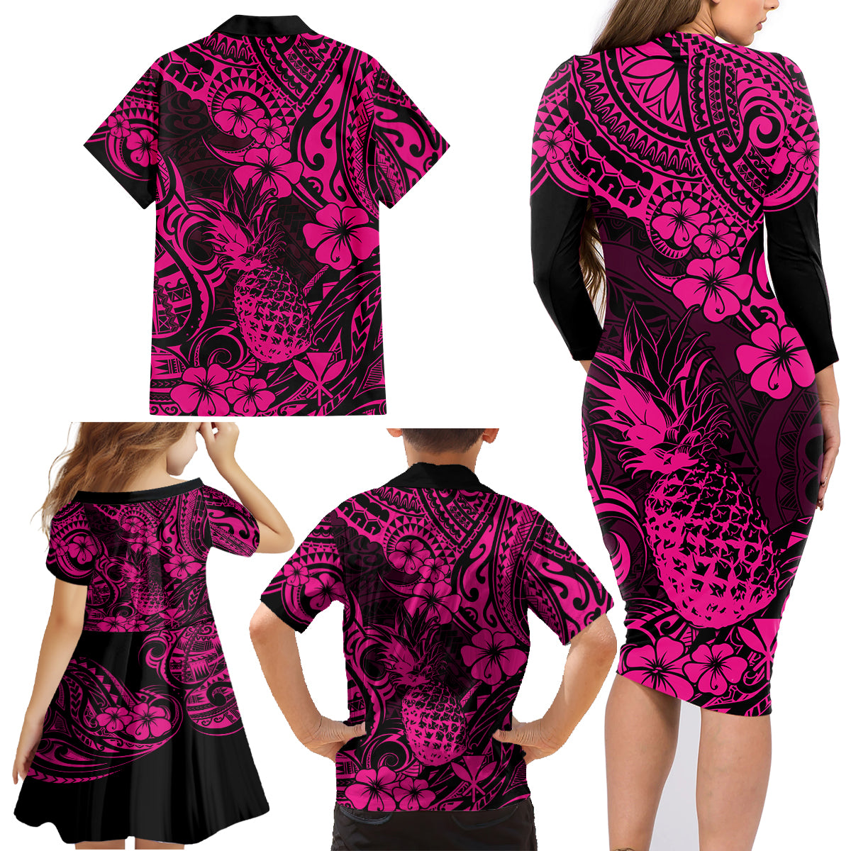 Hawaii Pineapple Family Matching Long Sleeve Bodycon Dress and Hawaiian Shirt Paradise Flowers Pacific With Pink Polynesian Tribal - Wonder Print Shop