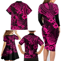 Hawaii Pineapple Family Matching Long Sleeve Bodycon Dress and Hawaiian Shirt Paradise Flowers Pacific With Pink Polynesian Tribal - Wonder Print Shop