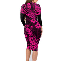 Hawaii Pineapple Family Matching Long Sleeve Bodycon Dress and Hawaiian Shirt Paradise Flowers Pacific With Pink Polynesian Tribal - Wonder Print Shop