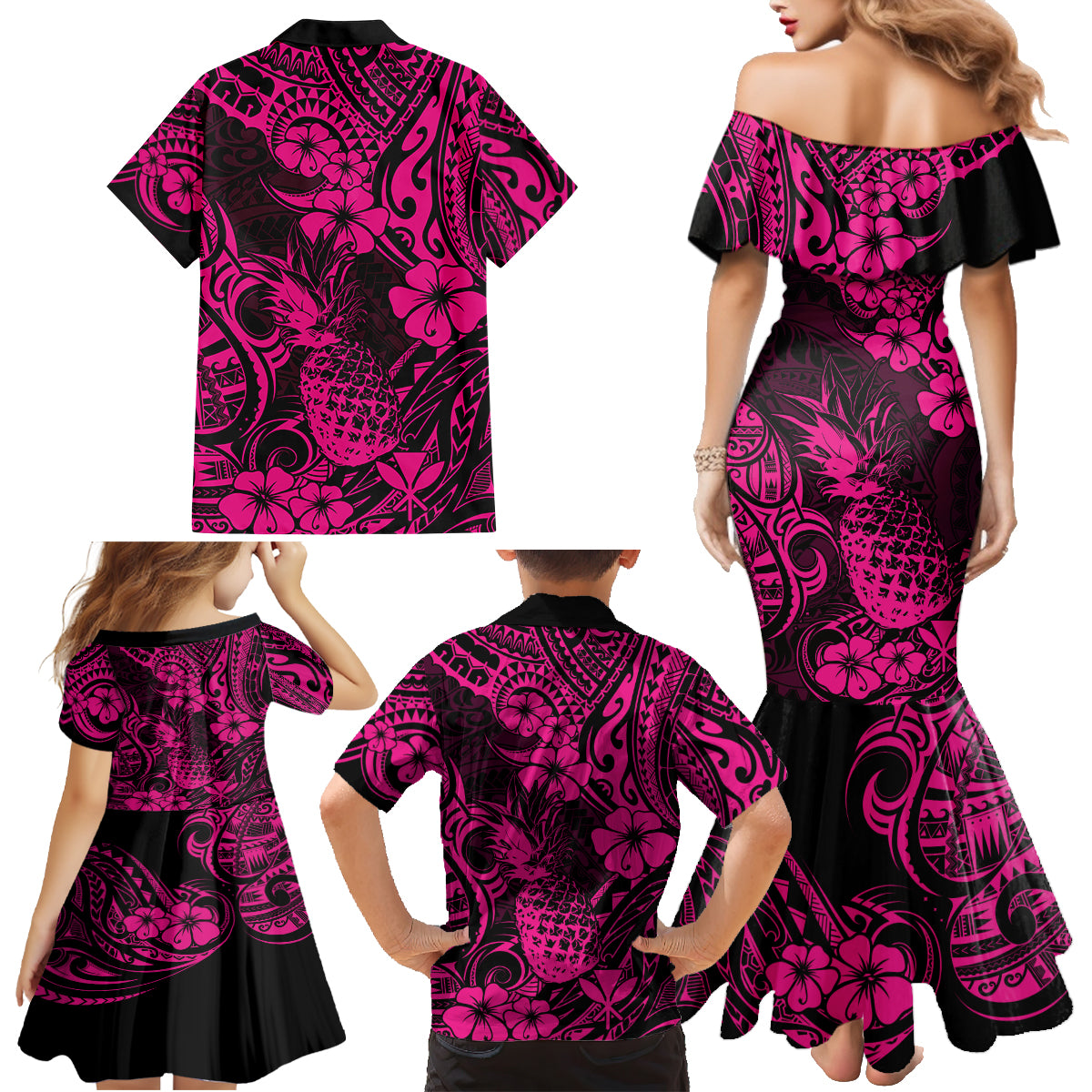 Hawaii Pineapple Family Matching Mermaid Dress and Hawaiian Shirt Paradise Flowers Pacific With Pink Polynesian Tribal - Wonder Print Shop