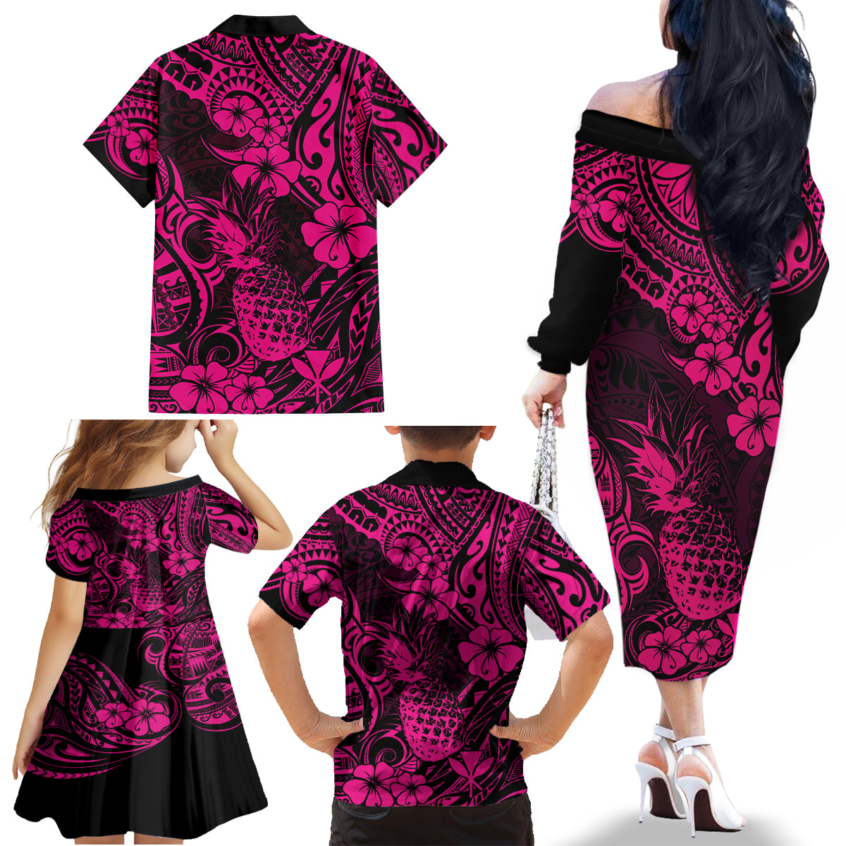 Hawaii Pineapple Family Matching Off Shoulder Long Sleeve Dress and Hawaiian Shirt Paradise Flowers Pacific With Pink Polynesian Tribal - Wonder Print Shop