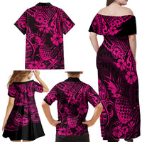 Hawaii Pineapple Family Matching Off Shoulder Maxi Dress and Hawaiian Shirt Paradise Flowers Pacific With Pink Polynesian Tribal - Wonder Print Shop