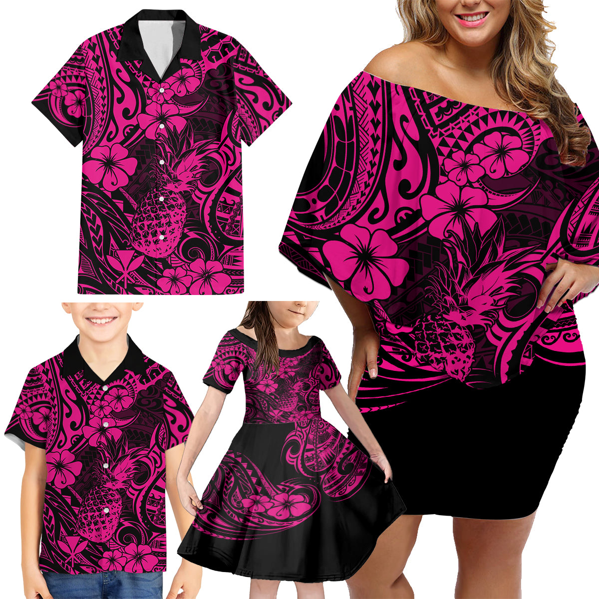 Hawaii Pineapple Family Matching Off Shoulder Short Dress and Hawaiian Shirt Paradise Flowers Pacific With Pink Polynesian Tribal - Wonder Print Shop