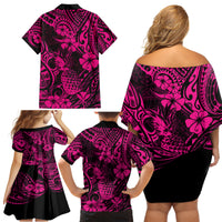 Hawaii Pineapple Family Matching Off Shoulder Short Dress and Hawaiian Shirt Paradise Flowers Pacific With Pink Polynesian Tribal - Wonder Print Shop