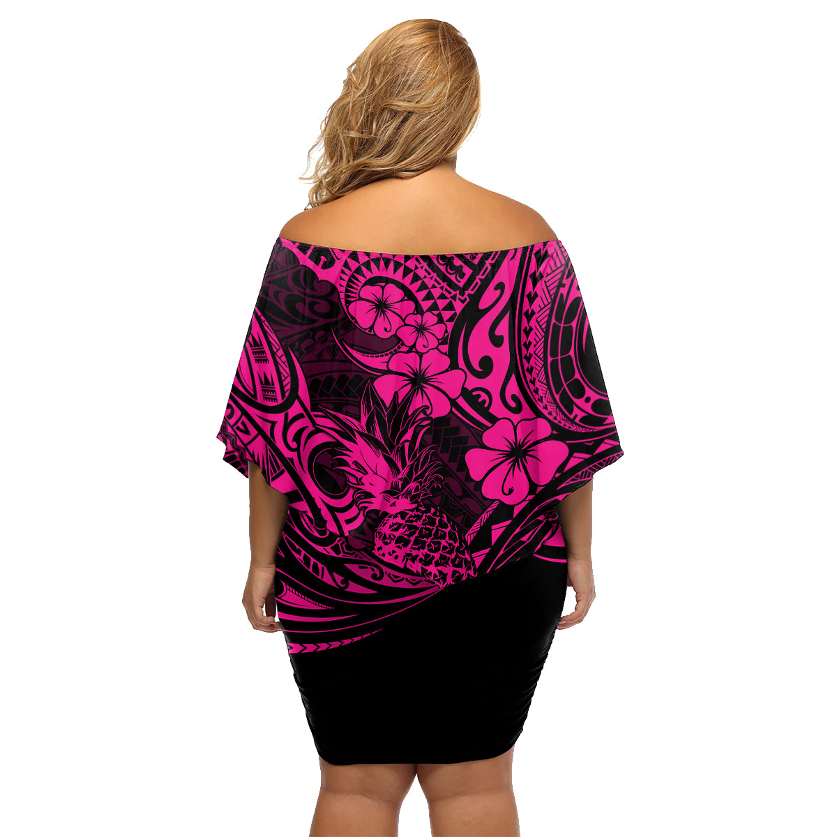 Hawaii Pineapple Family Matching Off Shoulder Short Dress and Hawaiian Shirt Paradise Flowers Pacific With Pink Polynesian Tribal - Wonder Print Shop