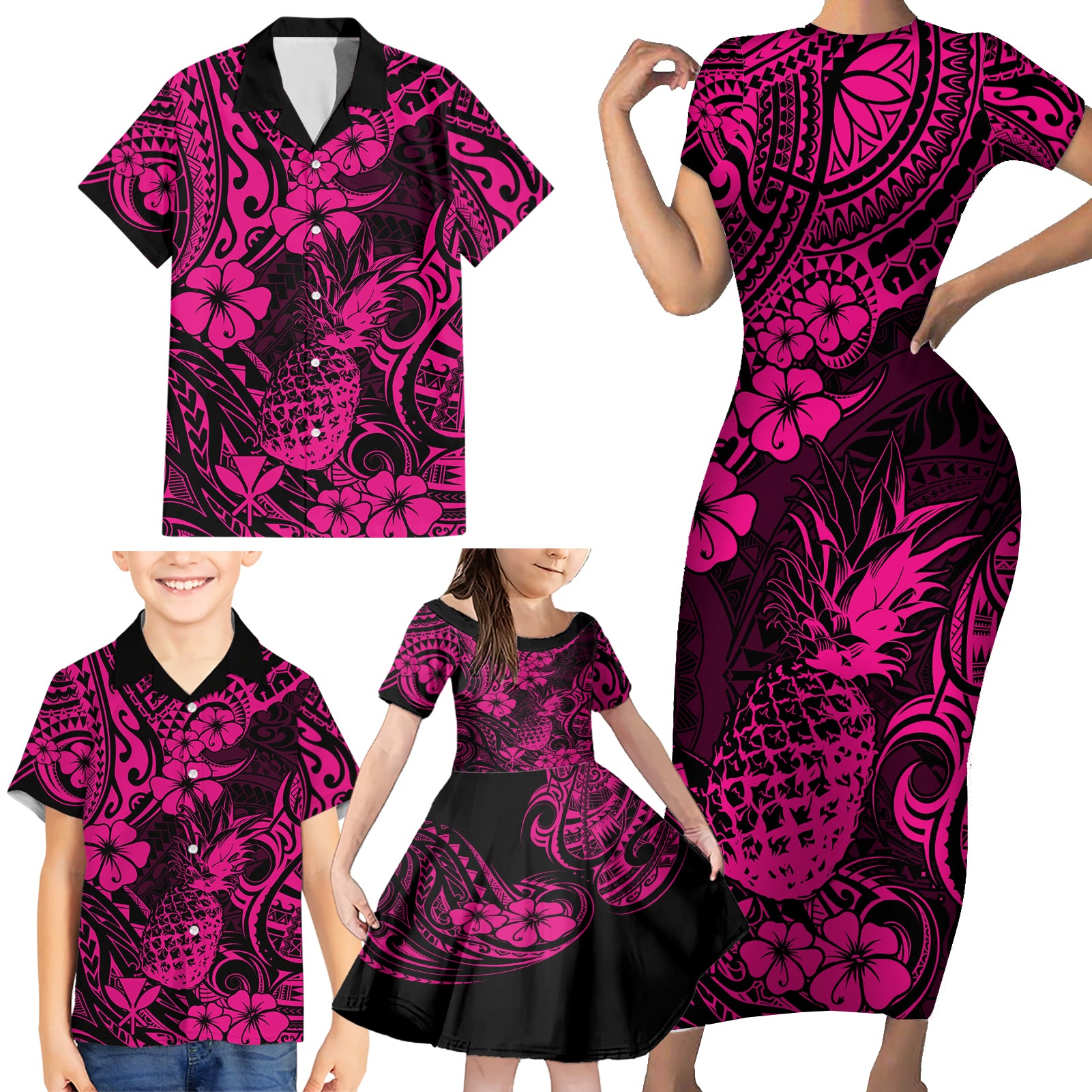 Hawaii Pineapple Family Matching Short Sleeve Bodycon Dress and Hawaiian Shirt Paradise Flowers Pacific With Pink Polynesian Tribal - Wonder Print Shop