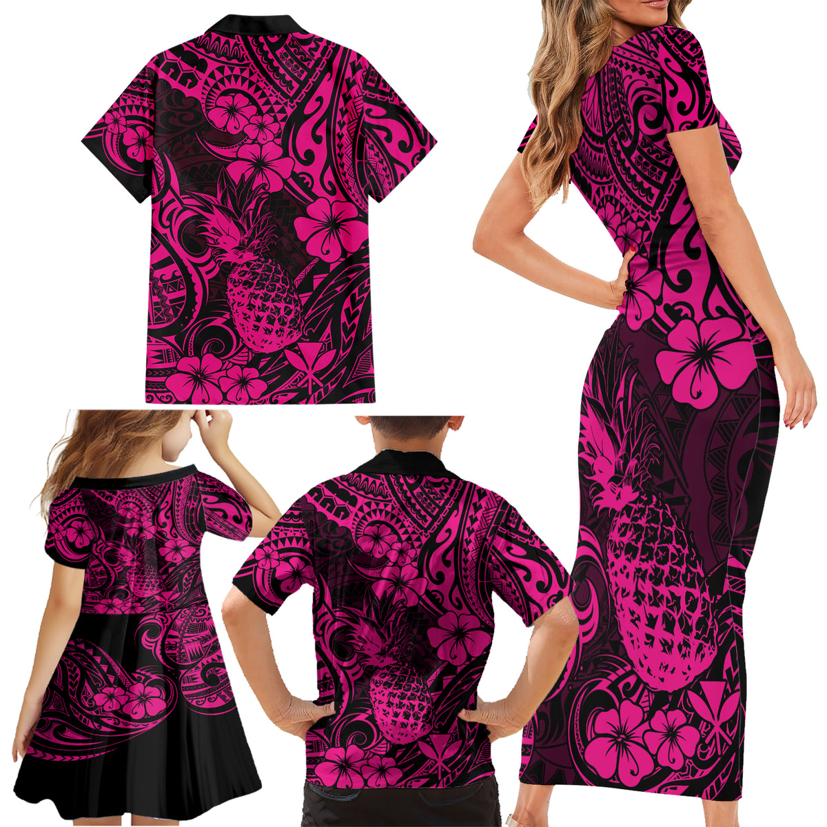 Hawaii Pineapple Family Matching Short Sleeve Bodycon Dress and Hawaiian Shirt Paradise Flowers Pacific With Pink Polynesian Tribal - Wonder Print Shop