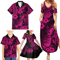 Hawaii Pineapple Family Matching Summer Maxi Dress and Hawaiian Shirt Paradise Flowers Pacific With Pink Polynesian Tribal - Wonder Print Shop