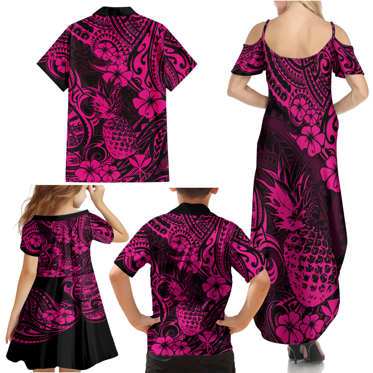 Hawaii Pineapple Family Matching Summer Maxi Dress and Hawaiian Shirt Paradise Flowers Pacific With Pink Polynesian Tribal - Wonder Print Shop