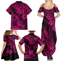 Hawaii Pineapple Family Matching Summer Maxi Dress and Hawaiian Shirt Paradise Flowers Pacific With Pink Polynesian Tribal - Wonder Print Shop