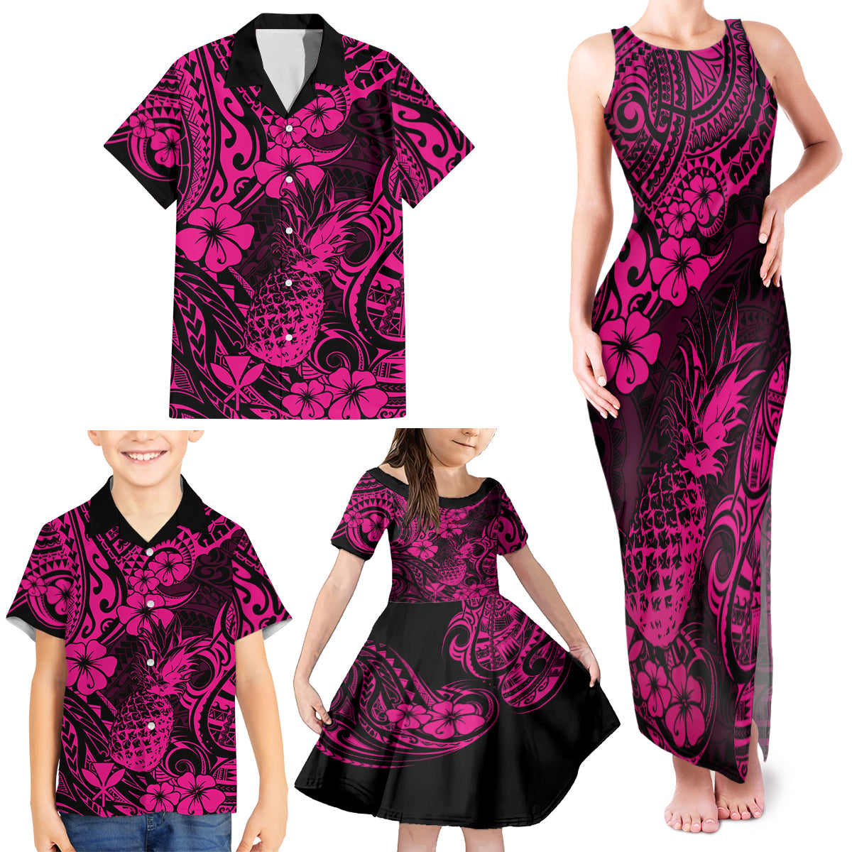 Hawaii Pineapple Family Matching Tank Maxi Dress and Hawaiian Shirt Paradise Flowers Pacific With Pink Polynesian Tribal - Wonder Print Shop