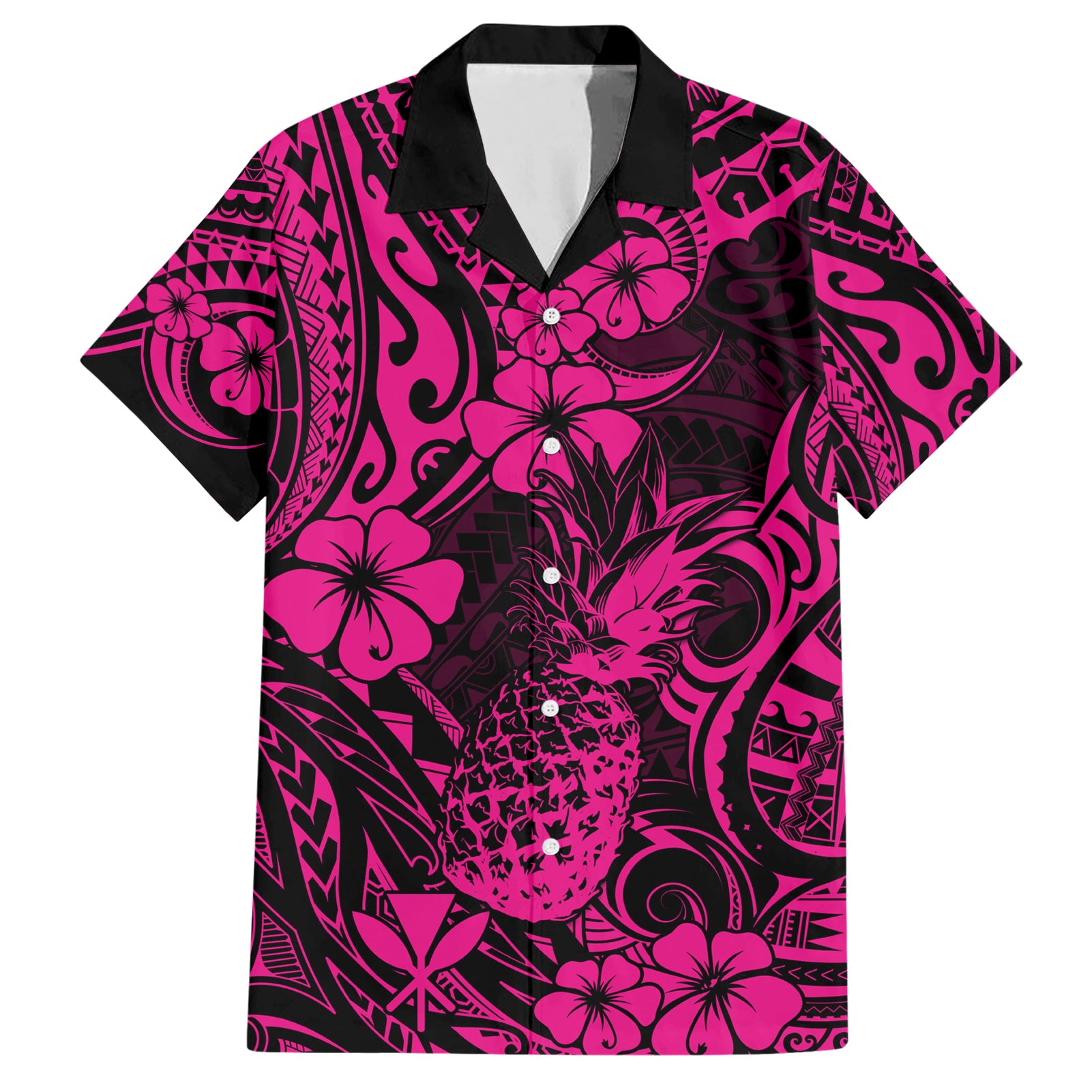Hawaii Pineapple Hawaiian Shirt Paradise Flowers Pacific With Pink Polynesian Tribal - Wonder Print Shop