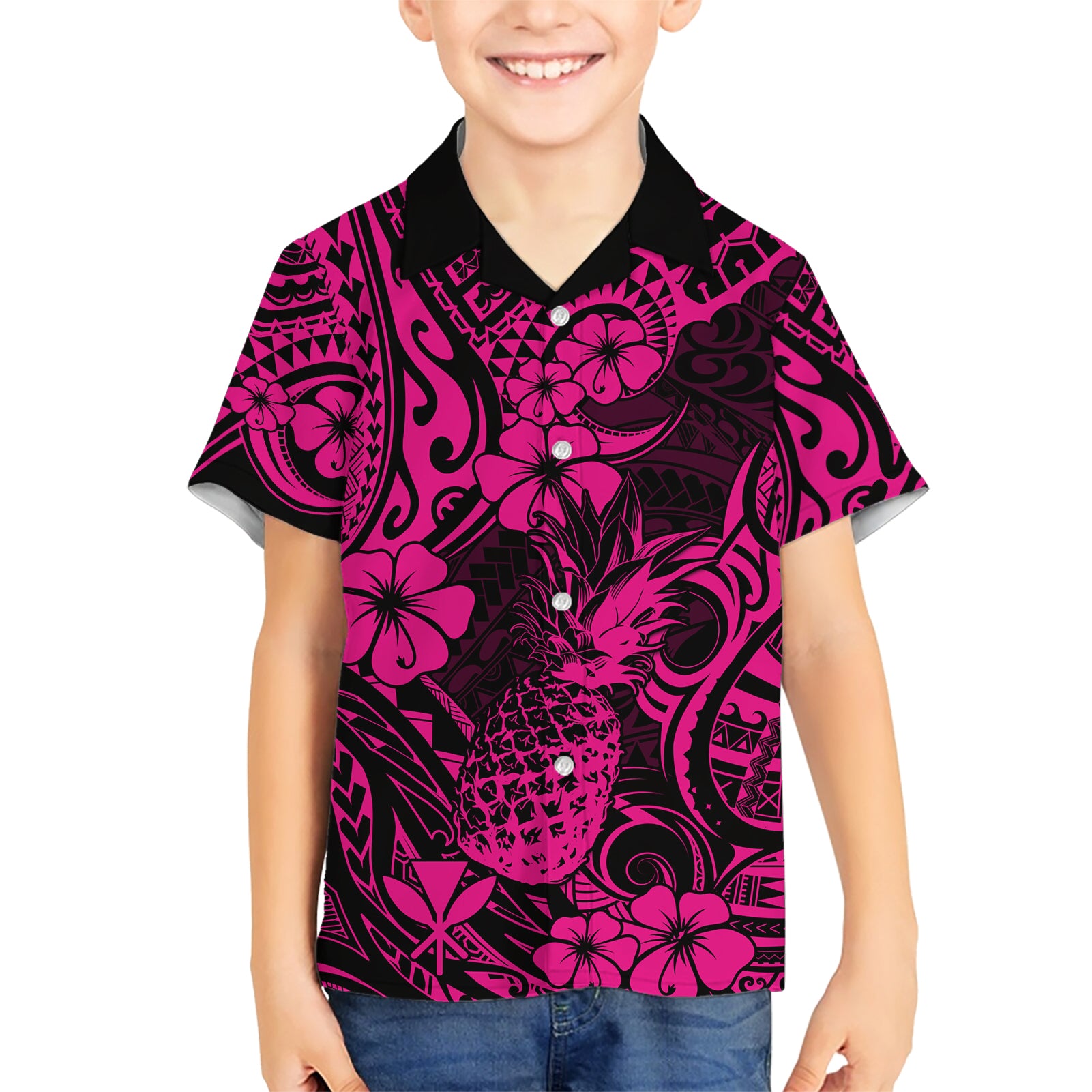 Hawaii Pineapple Kid Hawaiian Shirt Paradise Flowers Pacific With Pink Polynesian Tribal - Wonder Print Shop