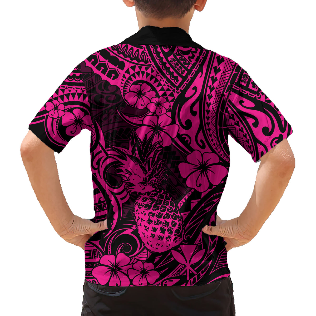 Hawaii Pineapple Kid Hawaiian Shirt Paradise Flowers Pacific With Pink Polynesian Tribal - Wonder Print Shop