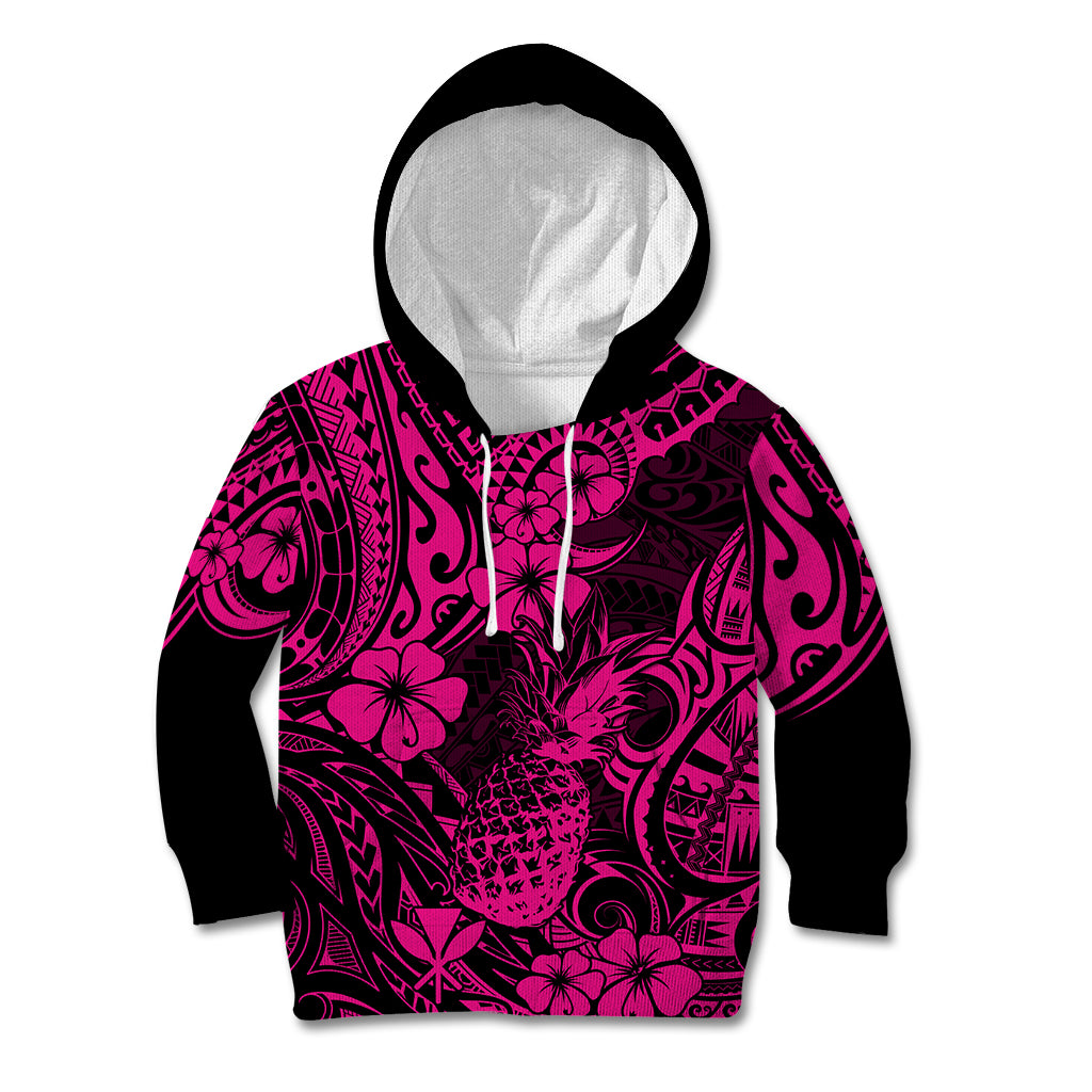 Hawaii Pineapple Kid Hoodie Paradise Flowers Pacific With Pink Polynesian Tribal - Wonder Print Shop